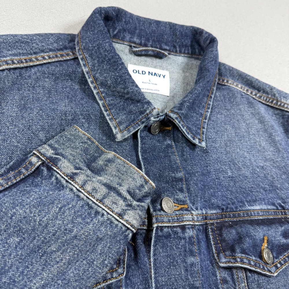 Old Navy Mens Denim Trucker Jacket Medium Wash Blue Cotton Built-In Tough Large